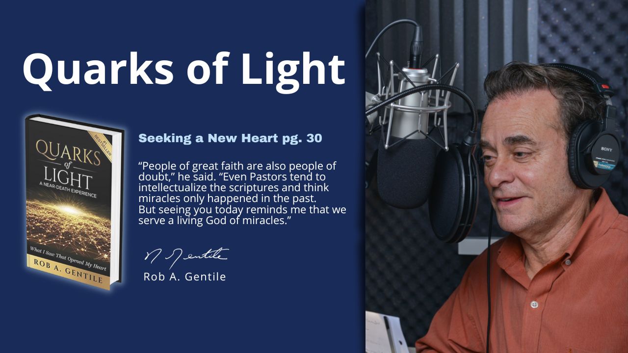 Thumbnail of Quarks of Light Audiobook Excerpt- Seeking a New Heart pg. 30. left half is with blue background with quarks of light and excerpt text and on the right half is a photo of rob in orange shirt speaking in front of a microphone