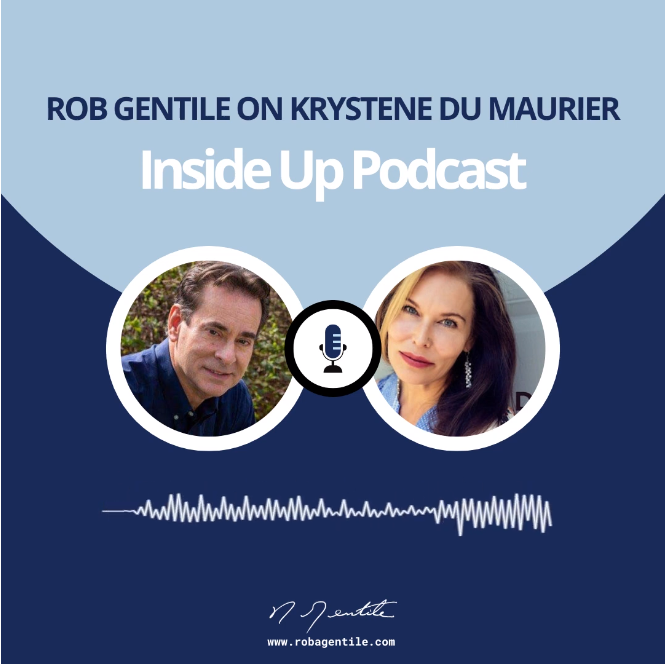 Blue background with rob and krystene in a rounded margin with an audio waveform under their photos. On the very bottom is thet signature and website link of Rob Gentile