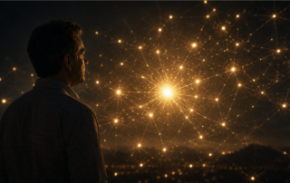 A cinematic blog header showing the silhouette of a man in profile standing in a dark, peaceful landscape at night, gazing toward a radiant network of interconnected golden lights.