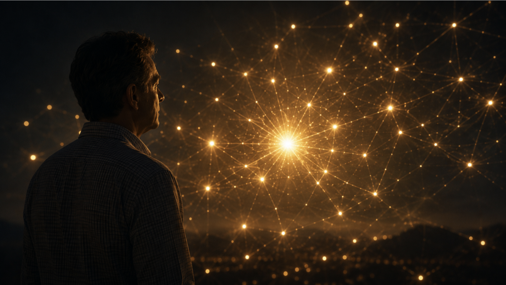 A cinematic blog header showing the silhouette of a man in profile standing in a dark, peaceful landscape at night, gazing toward a radiant network of interconnected golden lights.